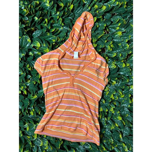Y2K Union Bay 100% Cotton Orange Striped Hoodied Crop Baby T Size M - Picture 4 of 6
